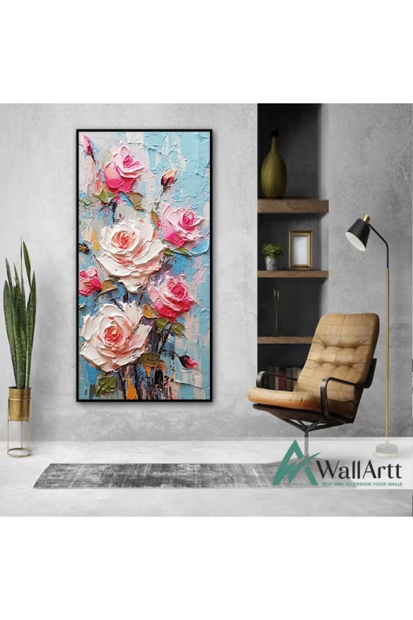 Abstract Pink Roses 3d Heavy Textured Partial Oil Painting